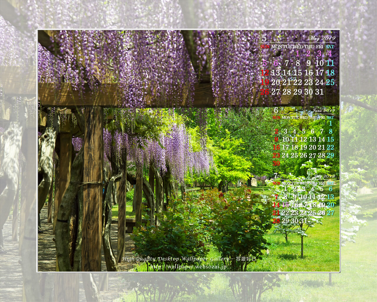 ３ヶ月のカレンダー壁紙［1280x1024］－藤の花
